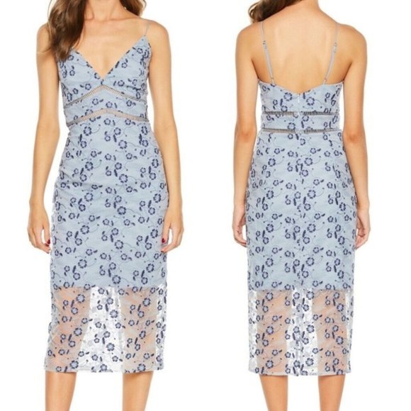 bardot sapphire lace midi dress